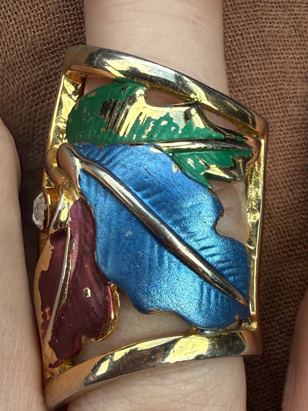 Gold-tone Leaf Enamel Statement Ring - Blue, Green, Red hand painted